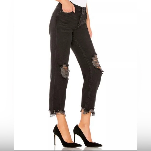 New We the Free Maggie, mid rise straight button fly destructed black jeans #L - Picture 2 of 7